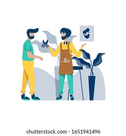 Barbershop cuts and smooths customer's hair vector illustration, suitable for landing page, ui, website, mobile app, editorial, poster, flyer, article, and banner