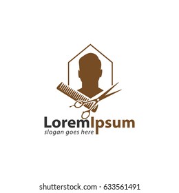 Barbershop design logo, hexagonal shape in brown color