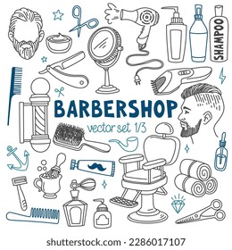 Barbershop doodles set. Hairdressing salon tools for male hair styling and popular men's haircuts. Vector drawings isolated on background. Outline stroke is not expanded, stroke weight is editable