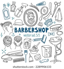 Barbershop doodles set. Hairdressing salon tools for male hair styling and popular men's haircuts. Vector drawings isolated on background. Outline stroke is not expanded, stroke weight is editable
