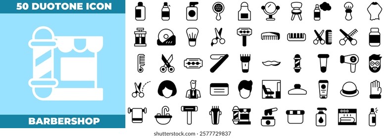 Barbershop Duotone Editable Icons set. Vector illustration in modern thin duotone style of barbershop icons: barber, comb, beauty, etc