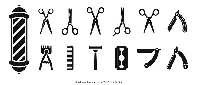 Barbershop elements icons. Blades and scissors icons. Barbershop symbol set.  Silhouette style icon set.