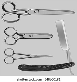 Barbershop elements.
Retro scissors and razor in vintage engraved style. Stock vector illustration.