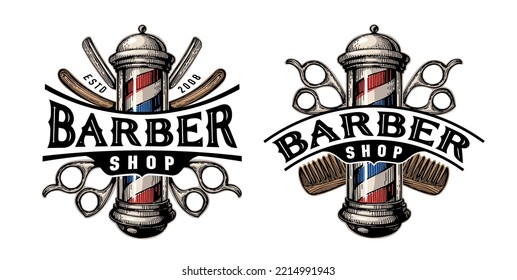 Barbershop emblem or badge. Barber pole, male beauty salon logo. Vector illustration