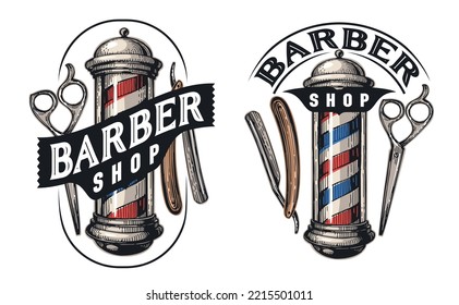 Barbershop emblem. Barber pole, scissors, shaving razor. Haircut and shave, male beauty salon logo. Vector illustration