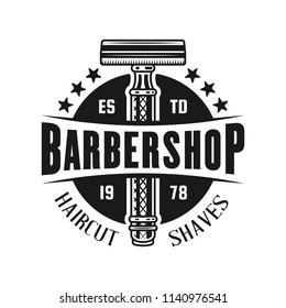 Barbershop emblem, label, badge or logo in monochrome vintage style with safety razor isolated on white background