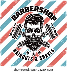 Barbershop emblem, label, badge or logo with bearded skull isolated illustration with removable textures