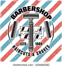 Barbershop emblem, label, badge or logo with razor and blade isolated illustration with removable textures