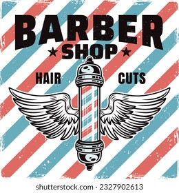 Barbershop emblem, label, badge or logo, barber pole with wings illustration with removable textures