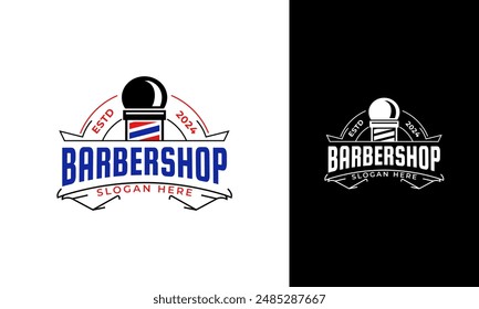 Barbershop emblem logo design. Barber pole symbol with lettering and ornament concept. Men salon vector icon