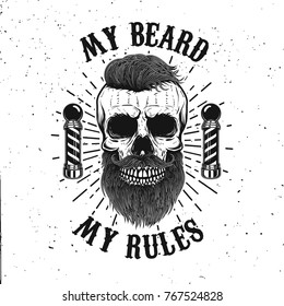 Barbershop emblem template. Hipster skull with mustache. Design element for poster, card, banner. Vector illustration
