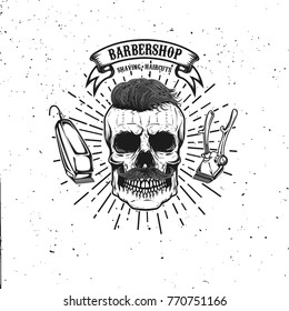 Barbershop emblem template. Hipster skull with mustache. Design element for poster, card, banner. Vector illustration