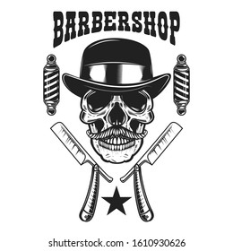 Barbershop emblem template. Skull with moustache in vintage hat and razor of barber. Design element for poster, card, emblem, banner, logo. Vector illustration