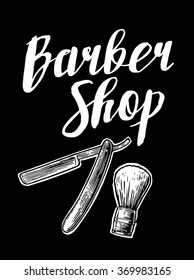 BarberShop. Engraving vintage vector white illustration and typography elements. Isolated on black background. Hand drawn design element for label and poster