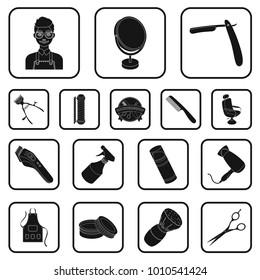 Barbershop and equipment black icons in set collection for design. Haircut and shave vector symbol stock web illustration.