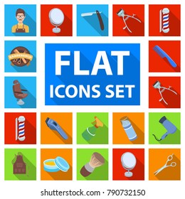 Barbershop and equipment flat icons in set collection for design. Haircut and shave vector symbol stock web illustration.