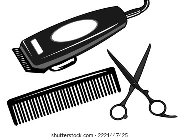 Barbershop equipment, hair clipper, comb and scissors, illustration vector.