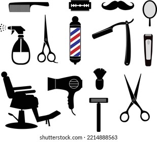 Barbershop equipment, tools, cosmetics icons on white background. Barber shop sign. Barbershop collection symbol. flat style.