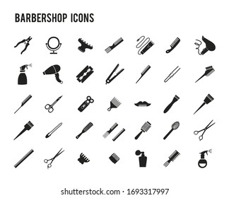 Barbershop equipment, tools, cosmetics vector icons. Black and white vector illustration.