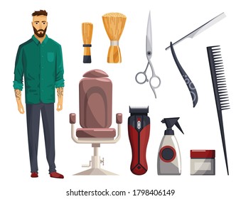 Barbershop equipment. Vintage barber shop set items. Razor blade, hair clipper, scissors, comb, straight razor. Haircuts salon design elements. Accessories with model man