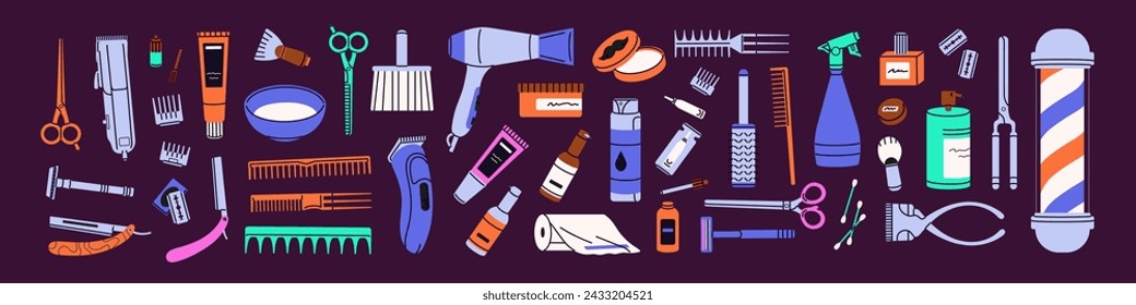 Barbershop equipments set. Hairdressing supplies, tools, products for beard, moustache care, hair cut, shave. Scissors, combs, clipper, razor, trimmer, barber pole. Flat isolated vector illustration