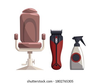 Barbershop equipments. Vintage barber shop set items. Chair trimmer sprayer. Haircuts salon design elements