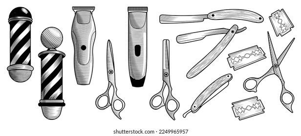 Barbershop equipments in vintage retro style vector set. Collection of hand drawn barber scissors, hair clippers, blade razor, barbershop pole. Design for logo, sticker, print, decoration, tattoo.
