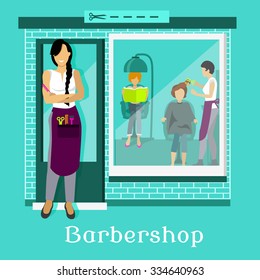 Barbershop Facade With Customers. Hair Salon, Hairdresser And Haircut, Beauty Design, Exterior Window, Cut Scissor, Hairstyle And Professional Work, Hairstylist Illustration