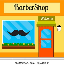 Barbershop facade in flat style. EPS10 vector illustration of city public building square architecture. Small business building design.