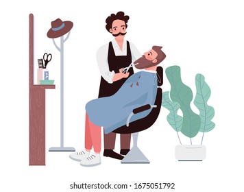 Barbershop flat color vector characters. Man cutting beard. Male stylist trimming facial hair. Hipster getting haircut. Hairdressing treatment. Beauty salon procedure isolated cartoon illustration