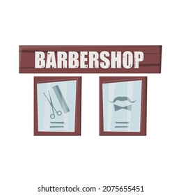 Barbershop flat composition with isolated image of wooden signboard with text and images of hair beard and moustache vector illustration