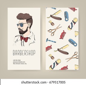 Barbershop flyer with barber tools and trendy man haircut. Colorful vector illustration.
