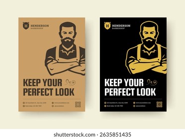 Barbershop flyer with confident male figure, bold retro typography, classic layout, contact information, and elegant decorative elements in vintage colors. Vector illustration