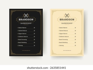 Barbershop flyer design with uniform service pricing, vintage ornamental borders, scissors icon, and classic layout for promotional use. Suitable for print and branding. Vector illustration