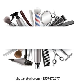 Barbershop Frame, Vector Illustration. Realistic Mirror, Scissors, Comb, Hairdryer, Hair Clipper, Shave Brush, Barber Pole, Other Mens Grooming Tools And Copy Space.