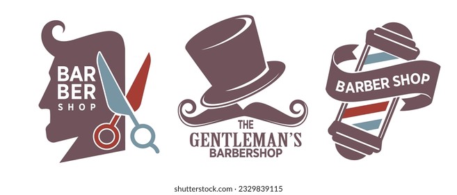 Barbershop para caballeros, ícono aislado con siluetas de hombres y tijeras. Cuidado con la barba, el peinado y el bigote de los chicos. Logotipo o emblema, logotipo o banner promocional. Vector de estilo plano