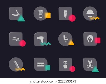 barbershop glass morphism trendy style icons. barbershop transparent glass vector icons with color memphis figures. for web and ui design, mobile apps and promo business advertising