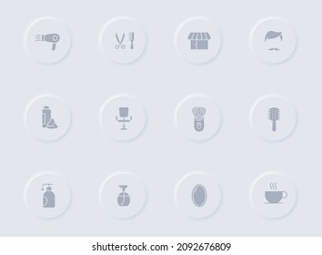 barbershop gray vector icons on round rubber buttons. barbershop icon set for web, mobile apps, ui design and promo business polygraphy