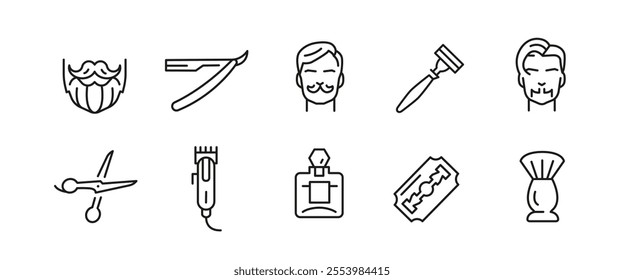 Barbershop and grooming icons. 10 barbershop and grooming trendy minimal icons. Barber Pole, Beard, Razor icon. Design signs for web page, mobile app, packaging design. Vector illustration