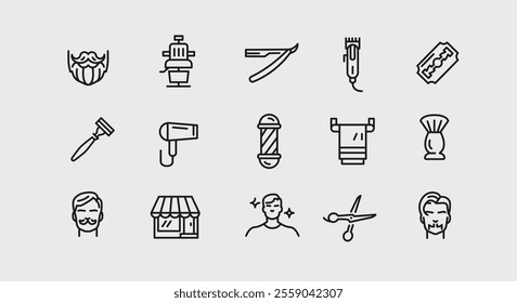 Barbershop and grooming icons. 15 barbershop and grooming trendy minimal icons. Barber Pole, Beard, Razor icon. Design signs for web page, mobile app, packaging design. Vector illustration