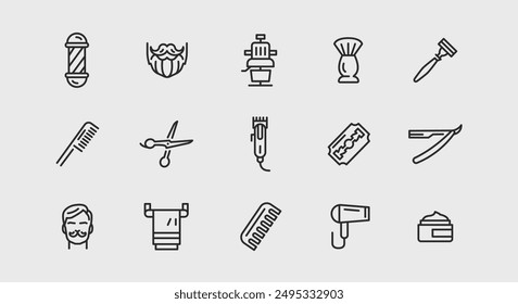 Iconos de peluquería y aseo. Grande conjunto de barbería y el aseo de moda iconos mínimos. Barber Pole, Beard, icono de la navaja. Diseño de carteles para página de Web, App móvil, diseño de envases. Ilustración vectorial