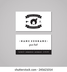 Barbershop (hair salon) business card design concept. Logo with afro hairstyle woman. Vintage, hipster and retro style. Black and white.