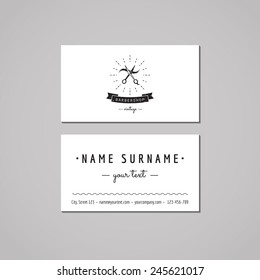 Barbershop (hair salon) business card design concept. Logo with scissors and a hair strand. Vintage, hipster and retro style. Black and white.