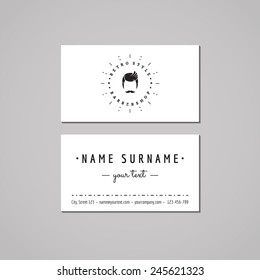 Barbershop (hair salon) business card design concept. Logo with a mustached man. Vintage, hipster and retro style. Black and white. 