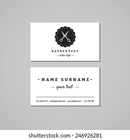 Barbershop (hair Salon) Business Card Design Concept. Logo With Scissors And Badge. Vintage, Hipster And Retro Style. Black And White. 