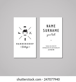 Barbershop (hair salon) business card design concept. Logo with a mustached man. Vintage, hipster and retro style. Black and white. 