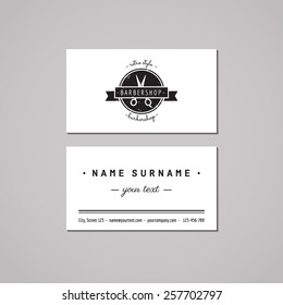 Barbershop (hair salon) business card design concept. Logo with scissors and ribbon badge. Vintage, hipster and retro style. Black and white.