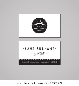 Barbershop (hair salon) business card design concept. Logo with scissors and hair strand badge. Vintage, hipster and retro style. Black and white.