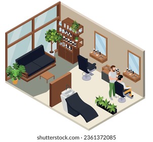 Barbershop hair salon isometric composition with isolated view of hairdressing saloon with single client and hairdresser vector illustration
