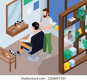 Barbershop hair salon isometric composition with faceless human characters of barber and client sitting in chair vector illustration
